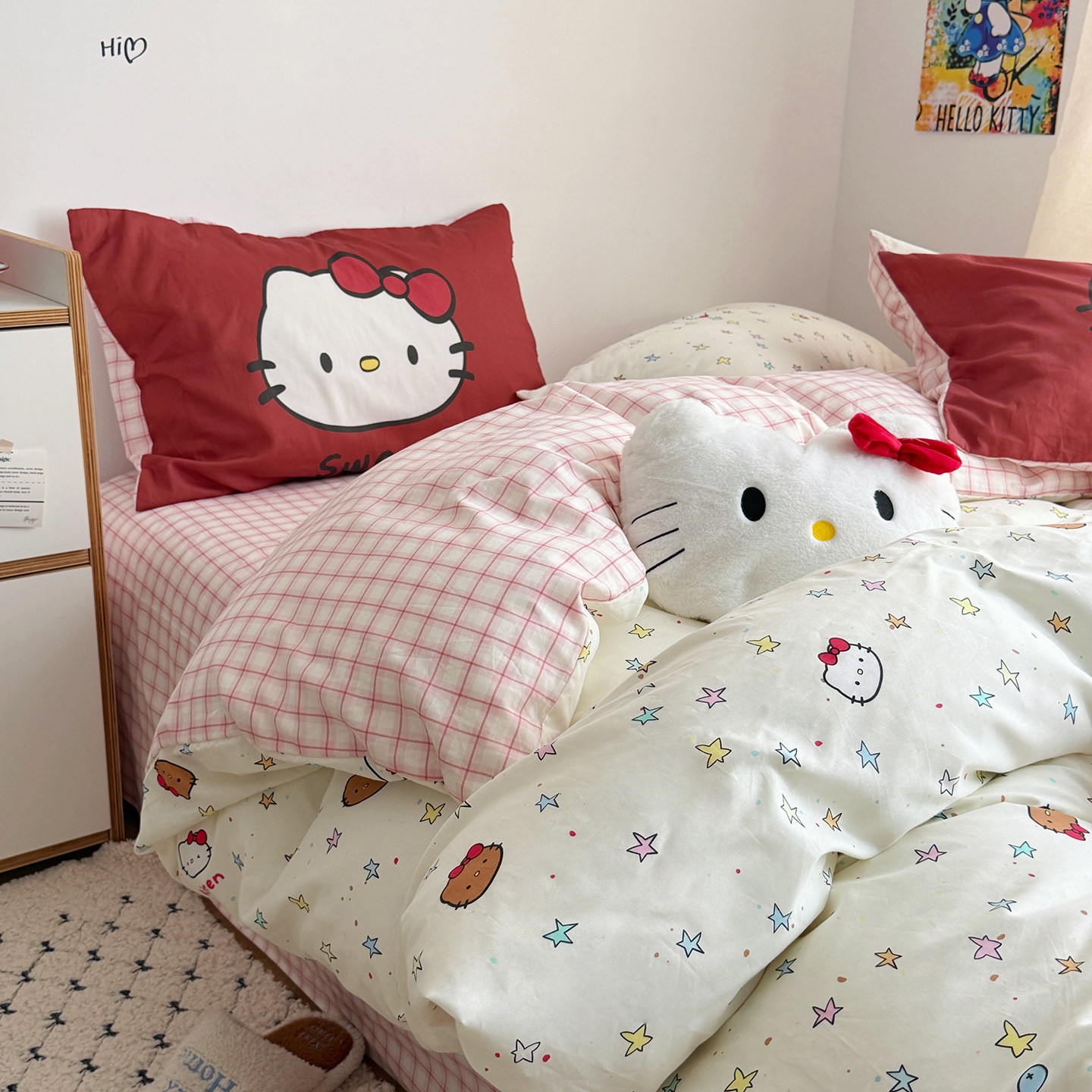 卡通猫咪全棉四件套混搭少女心纯棉被套学生宿舍3件套1.5m1.8床笠