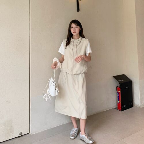 【轻氧套装】夏新款立领抽绳假两件上衣 + 侧拉链中长半身裙套装