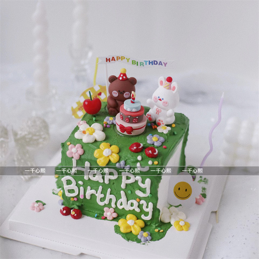 北京心熙ins网红熊与兔森林儿童卡通造型生日蛋糕动物奶油