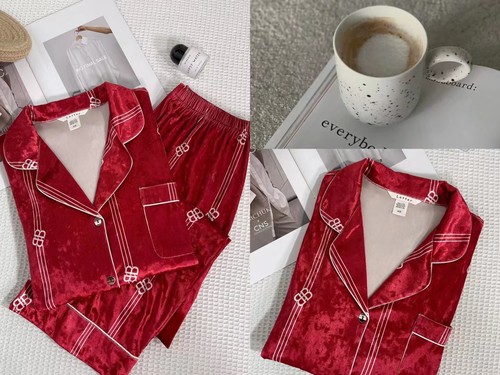 letter睡衣女秋冬长袖金钻绒红色竖条开衫高级感可外穿家居服套装