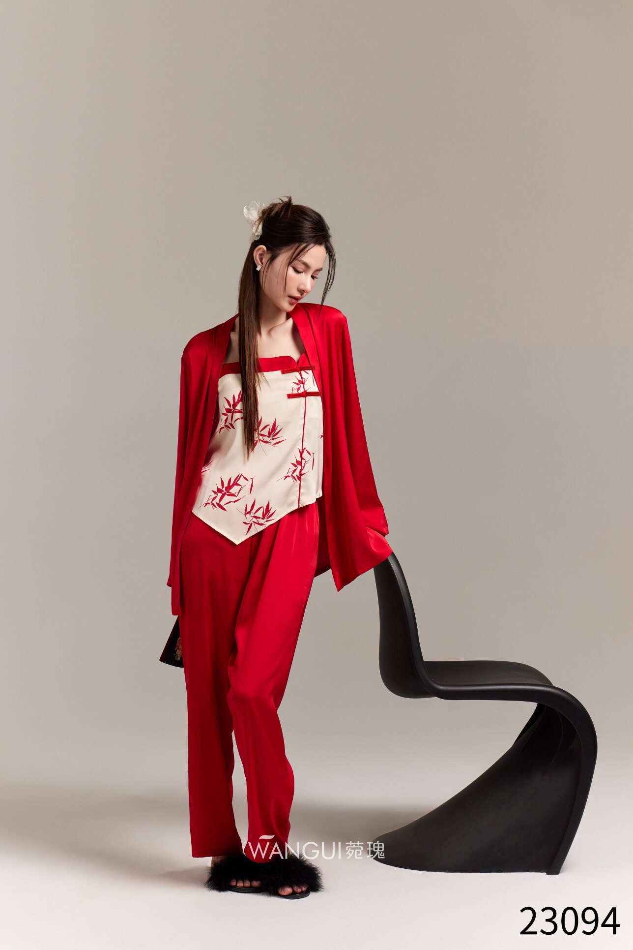 菀瑰睡衣女仿真丝冰雪丝丝绸纯欲风长袖长裤吊带三件套家居服套装