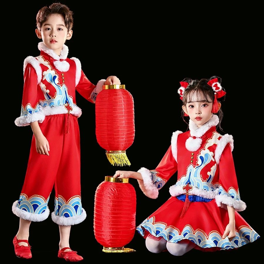 元旦幼儿童喜庆中国风演出服男女童灯笼梦娃舞蹈裙元日打鼓表演服