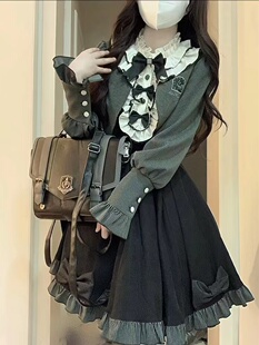 维奥尔小夜曲可爱甜美洛丽塔蝴蝶结衬衣显瘦优雅秋冬假两件连衣裙