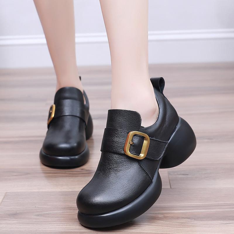 真皮单鞋女2025新款加绒保暖厚底软皮百搭粗跟女士单鞋女款乐福鞋
