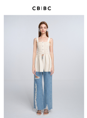 罗马假日系列 原创设计师24夏季新款米色压花蝴蝶扣修身吊带上衣