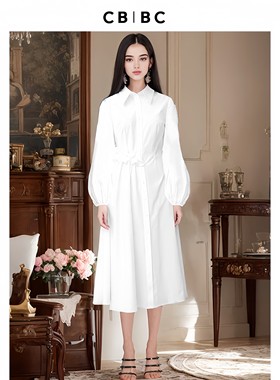 CBCB设计师品牌2023秋季新款女士修身宫廷袖白色长袖衬衫连衣裙