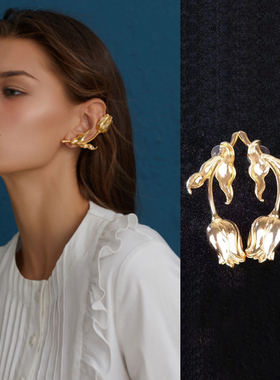 CBCB设计师品牌明星同款时尚金色郁金香造型耳环女胸针两用设计