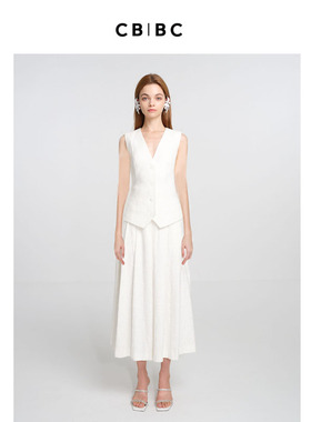 罗马假日系列 2023年夏季新款白色V领西装马甲上衣女大摆半裙