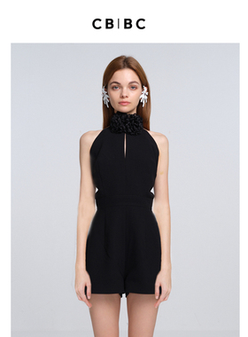 罗马假日系列 下午茶穿搭 2023年夏季新款黑色花朵装饰挂脖连体裤