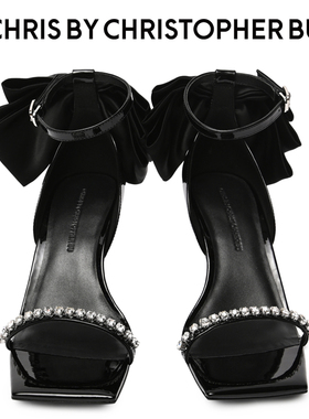 CBCB原创设计师品牌2023年钻饰蝴蝶结纯皮高级凉鞋女黑色高跟鞋