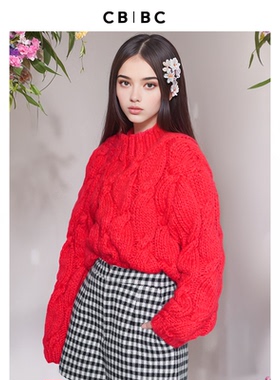 王霏霏同款设计师款红色圣诞风手工羊毛针织衫慵懒风短款圆领毛衣