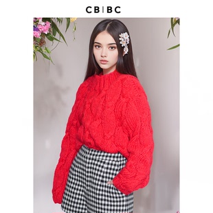 王霏霏同款设计师款红色圣诞风手工羊毛针织衫慵懒风短款圆领毛衣