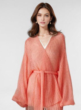 CBCB早秋纯欲慵懒风镂空罩衫开衫外搭女士马海毛针织系带外套红色