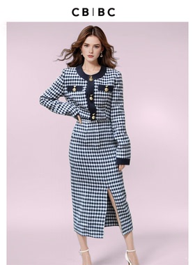 CBCB羊毛黑白格小香风套装学院风短上衣女短款外套开衩直筒一步裙
