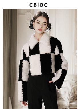 刘雯同款卜柯文设计师品牌秋冬新款黑白棋盘格长绒羊毛短外套大衣