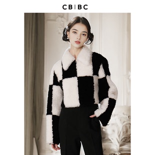 刘雯同款卜柯文设计师品牌秋冬新款黑白棋盘格长绒羊毛短外套大衣