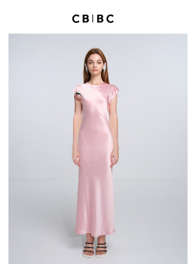 ChristopherBu立体花朵法式修身连衣裙 醋酯缎面收腰长裙女浅粉色