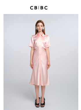 CBCB 原创罗马假日系列 2023夏季新款粉色丝光短袖衬衫连衣裙