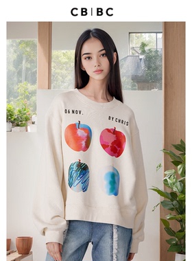 林妙妙赵今麦同款Christopher Bu早秋苹果印花米色纯棉宽松卫衣女