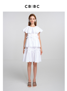 Chris by Christopher Bu 荷叶领白色棉质蛋糕裙设计师连衣裙甜美