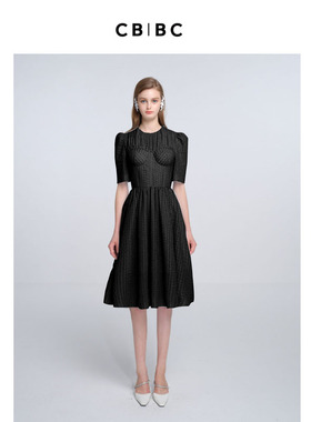 罗马假日系列 2023夏季新款短袖黑色连衣裙白色圆领泡泡袖公主裙