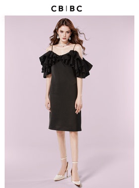 CBCB官方设计师新品一字肩荷叶边拼接黑色吊带裙收腰连衣裙礼服裙