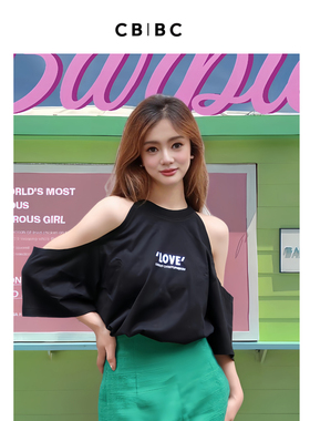 原创设计师品牌 度假穿搭 夏季新款黑色露肩LOVE圆领印花T恤女