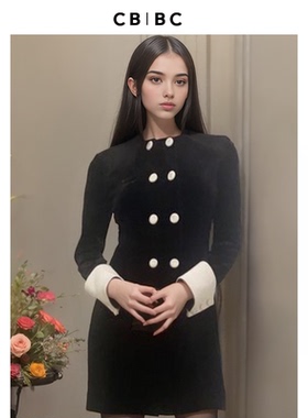 CBCB设计师秋冬黑色长袖双排扣重工连衣裙优雅小香风花呢中长款裙