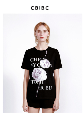 山茶花系列 旅行穿搭 设计师夏季新款黑色印花圆领T恤男女同款