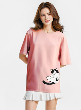 冰冰同款CBCB可爱手绘休闲圆领短袖卡通小猫刺绣粉色纯棉T恤