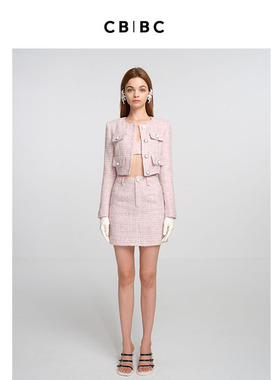 原创设计师品牌春夏新款浅粉色粗花呢长袖圆领 小香风外套半裙