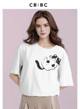 冰冰同款Chris by Christopher Bu猫咪贴布纯棉圆领短袖T恤女夏季