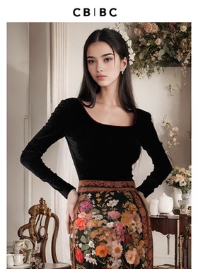 CBCB设计师品牌秋季新款法式黑色丝绒低领修身长袖打底上衣女