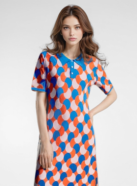 CBCB夏季设计师新款polo领短袖高尔夫连衣裙高级感拼色针织裙子女