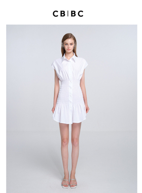 罗马假日系列 2023年夏季新款白色棉质松紧腰落肩短袖衬衫连衣裙