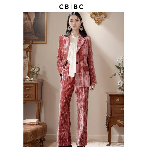 CBCB原创设计师品牌秋季新款复古红色丝绒收腰西装女直筒西裤