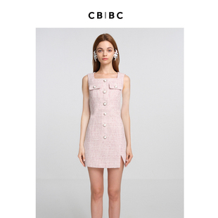 无袖 小香风粉色方领连衣裙 新款 CBCB设计师品牌聚会穿搭2023秋季