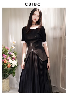 CBCB原创设计师品牌新款黑色圆领内搭针织衫上衣大摆压褶长款半裙