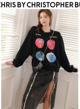 林妙妙赵今麦同款Christopher Bu早秋苹果印花黑色纯棉宽松卫衣女