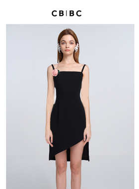 ChristopherBu 不规则下摆设计感黑色吊带连衣裙性感收腰小黑裙女