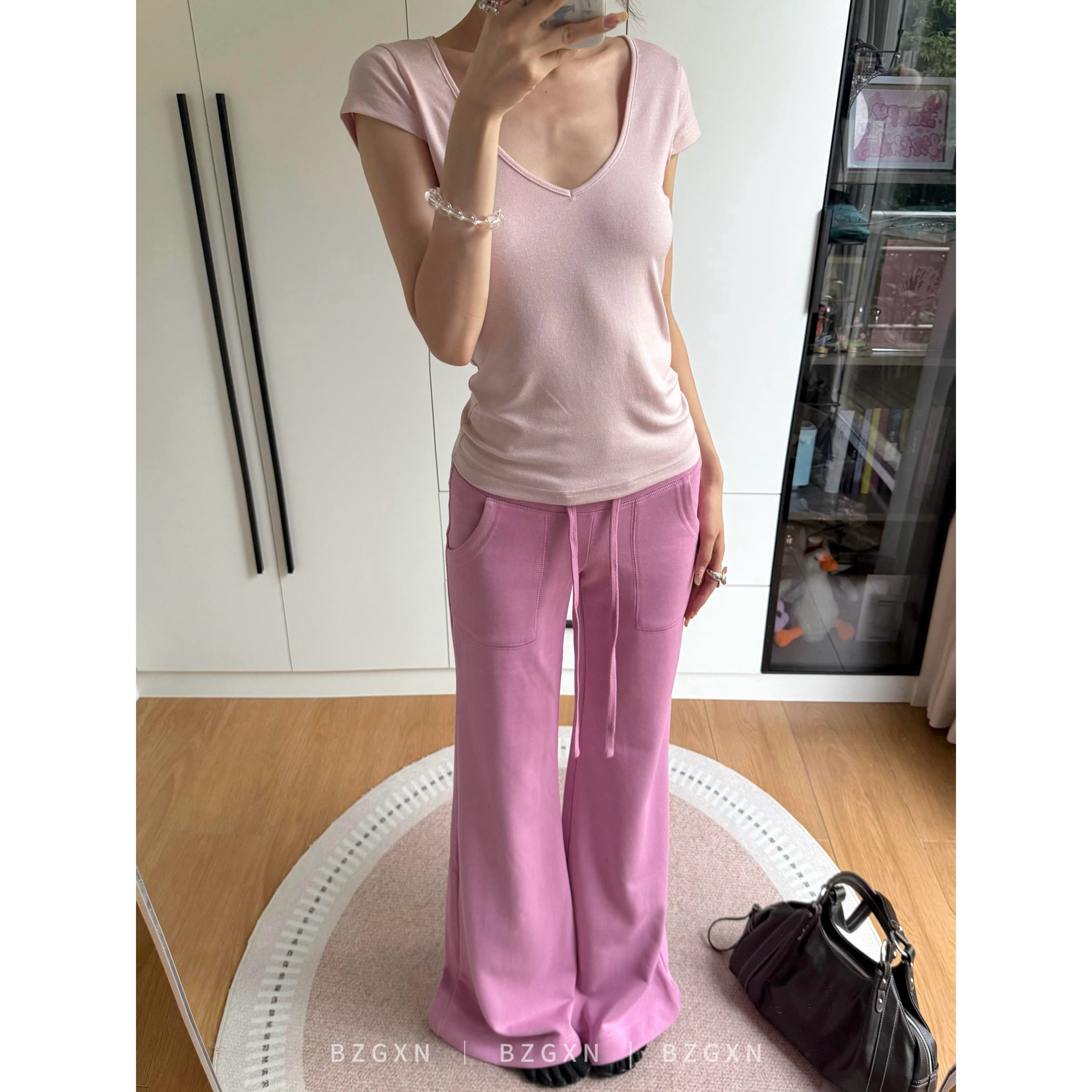 式辣妹粉色低腰休闲夏季微喇卫裤图片