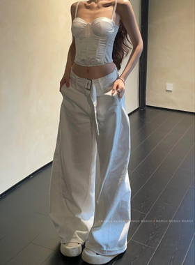 暴走高仙女175高个子加长大阔腿休闲裤女秋季美式白色直筒休闲裤