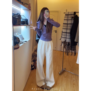 高个子白色裤子冬天宽松阔腿裤女加厚高腰垂感雪尼尔加绒拖地长裤