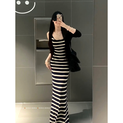 条纹吊带连衣裙高个子女生加长版