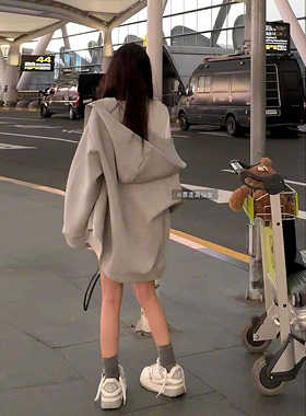 暴走高仙女高个子加长连帽卫衣外套灰色开衫女春季休闲韩系慵懒风