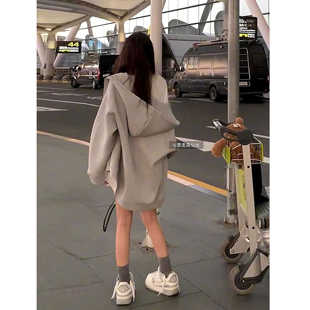 暴走高仙女高个子加长连帽卫衣外套灰色开衫女春季休闲韩系慵懒风