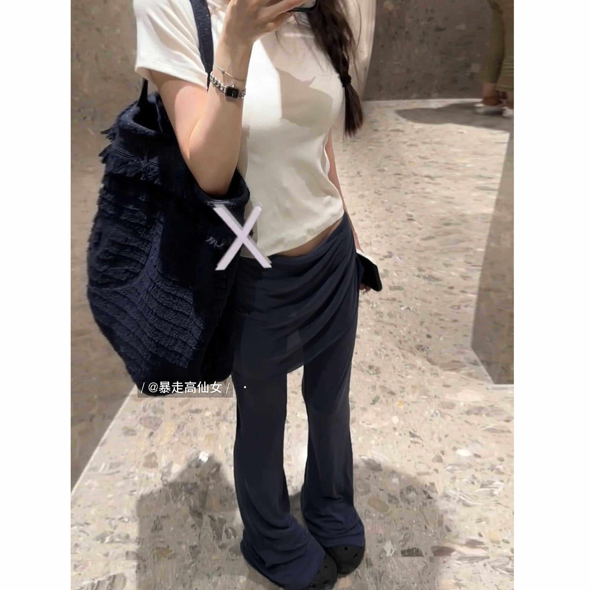 高个子设计感微喇拖地裤子图片