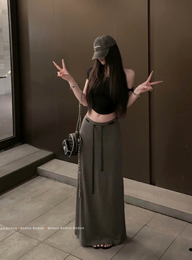 暴走高仙女175高个子女生加长抽绳灰色半身裙女垂感百搭a字长裙