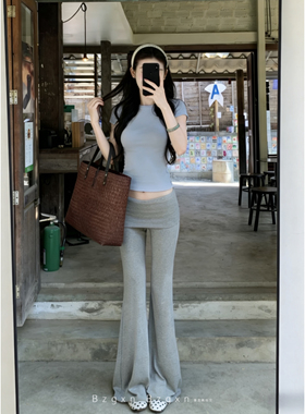 暴走高仙女高个子韩系灰色高腰休闲裤女夏季慵懒风修身微喇长裤子