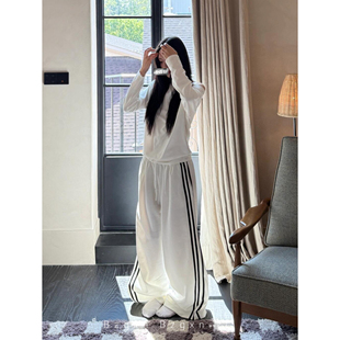 175高个子条纹加长简约运动风白色阔腿裤女秋三条杠宽松休闲长裤